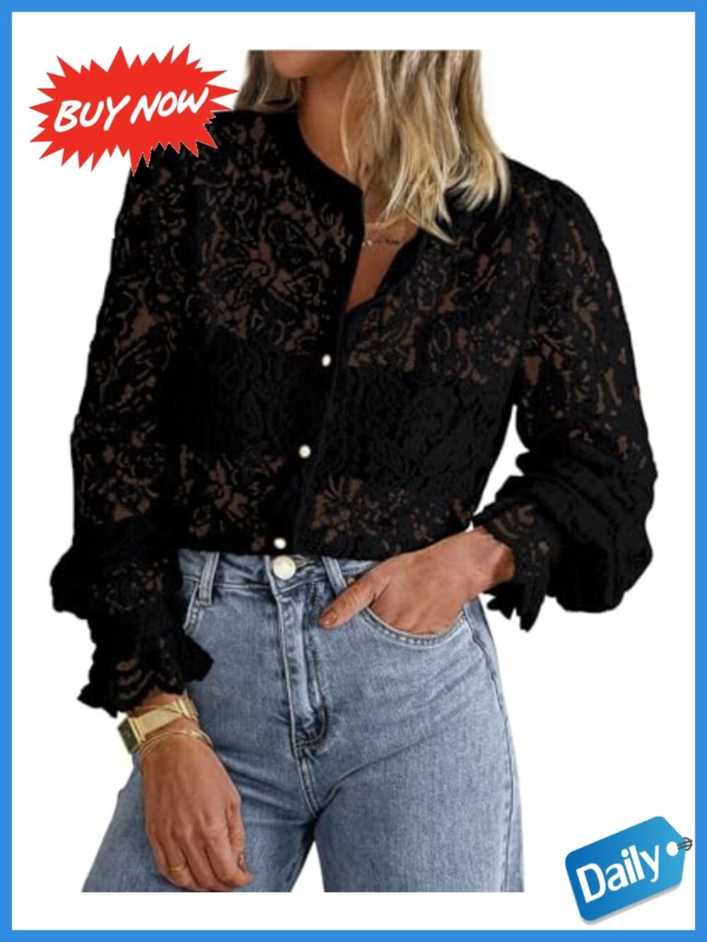 Women's Long Sleeve Lace Button Up Blouse Crewneck Work Top